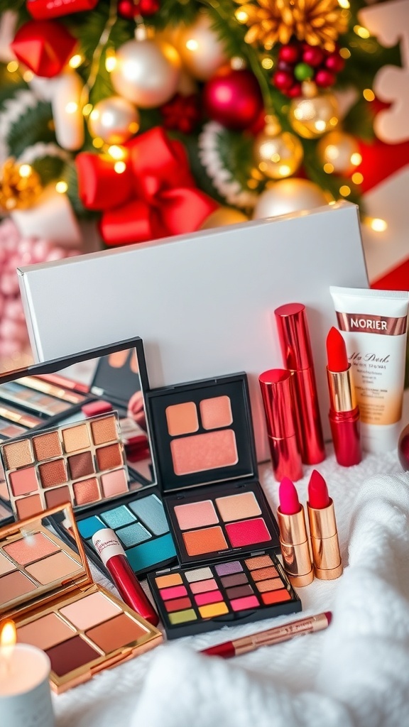 2025 Holiday Makeup Gift Guide A festive makeup gift set with eyeshadow palettes, lipsticks, and skincare products on a holiday-themed background.